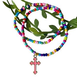 Handmade Colorful Glass Beaded Anklet Set with Cross